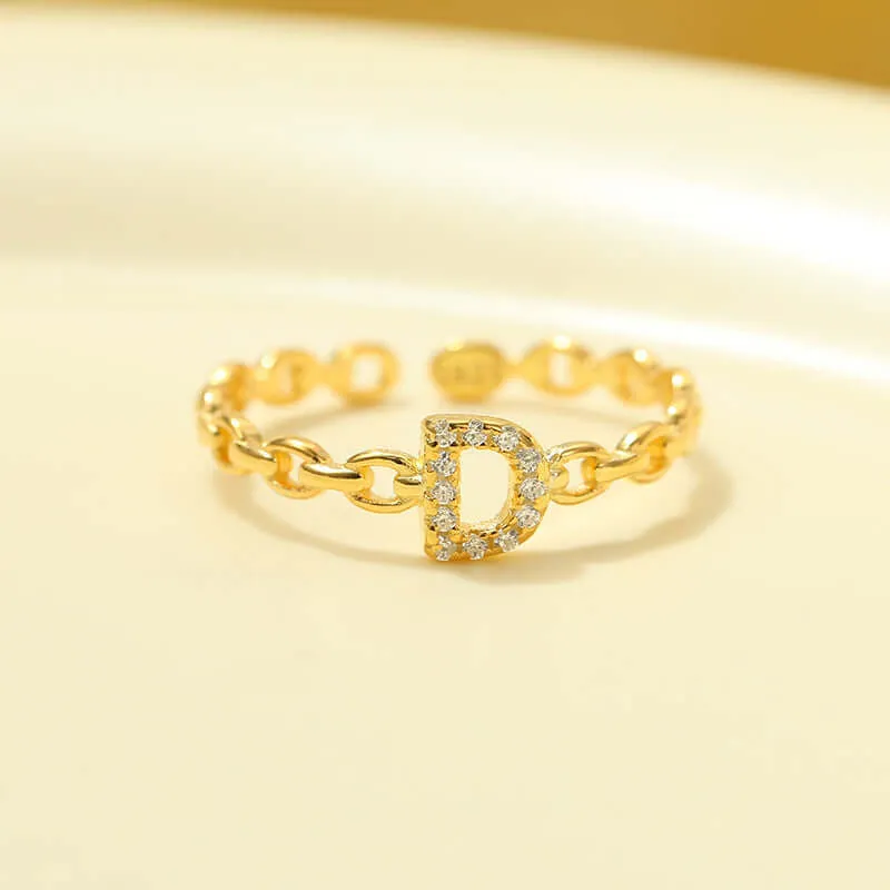 925 Silver 26 Letter Hollow Diamond Chain Ring