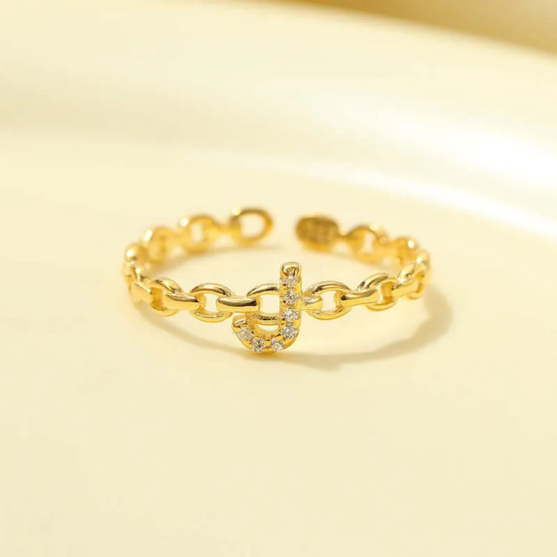 925 Silver 26 Letter Hollow Diamond Chain Ring