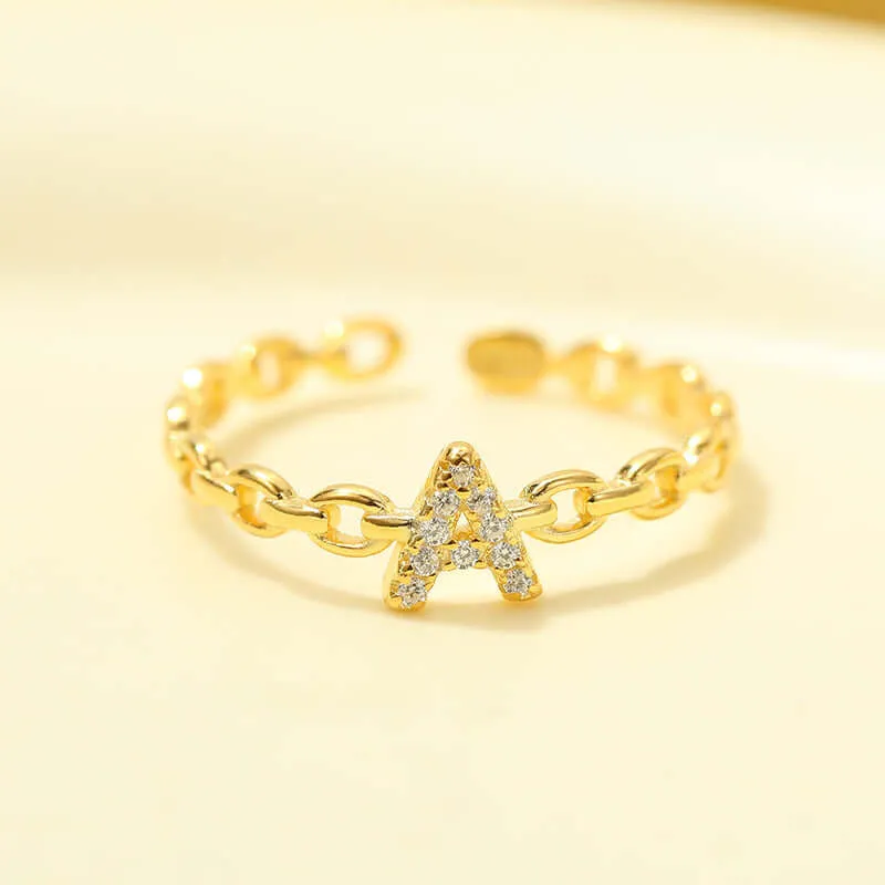 925 Silver 26 Letter Hollow Diamond Chain Ring