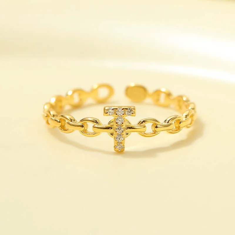 925 Silver 26 Letter Hollow Diamond Chain Ring
