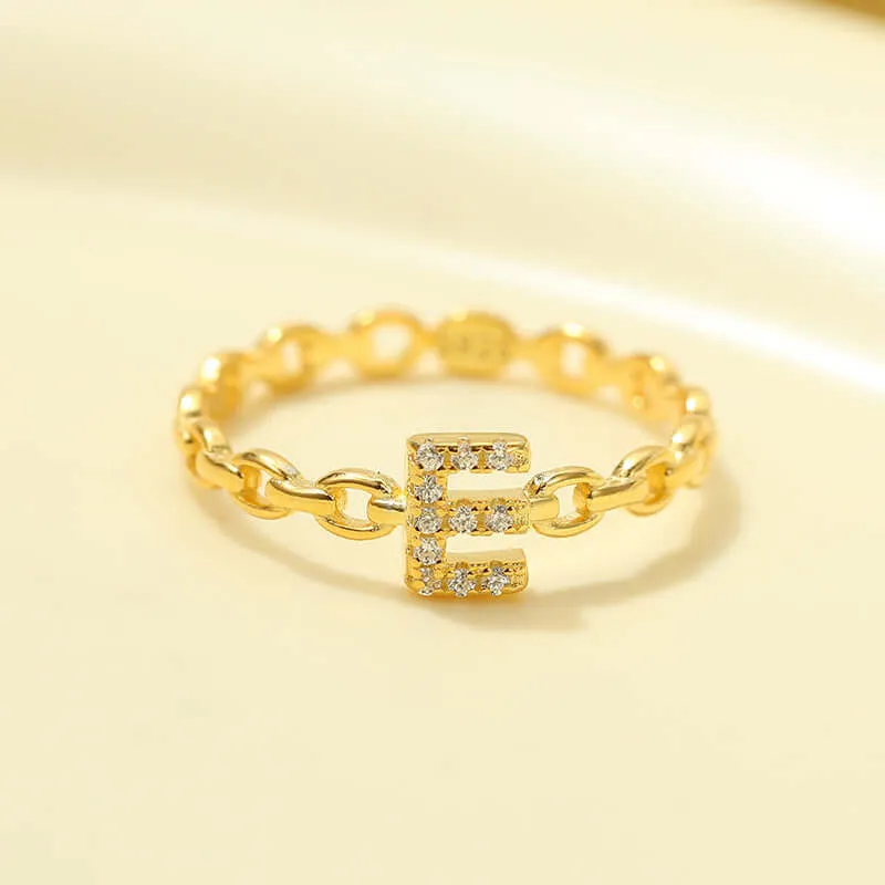 925 Silver 26 Letter Hollow Diamond Chain Ring