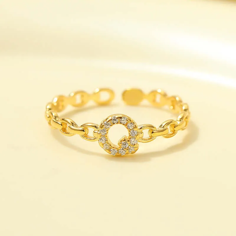 925 Silver 26 Letter Hollow Diamond Chain Ring
