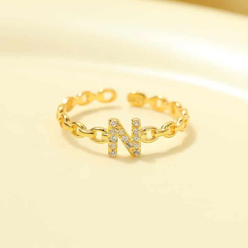 925 Silver 26 Letter Hollow Diamond Chain Ring
