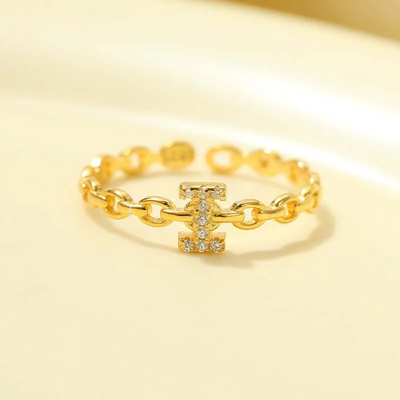 925 Silver 26 Letter Hollow Diamond Chain Ring