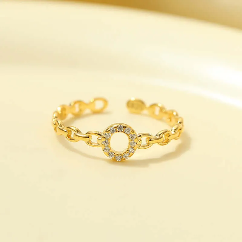 925 Silver 26 Letter Hollow Diamond Chain Ring