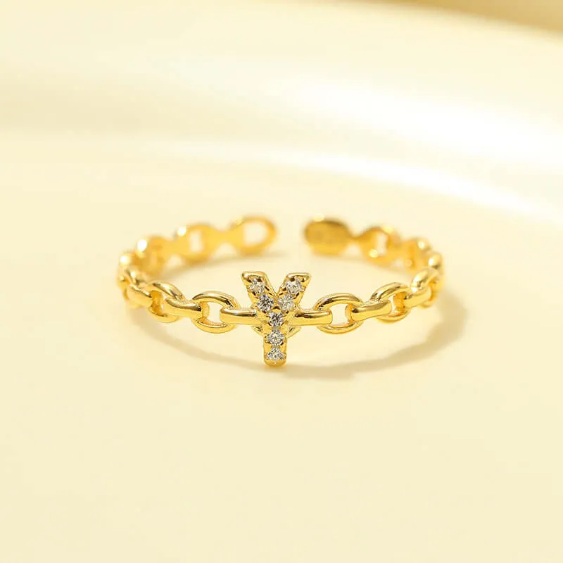 925 Silver 26 Letter Hollow Diamond Chain Ring