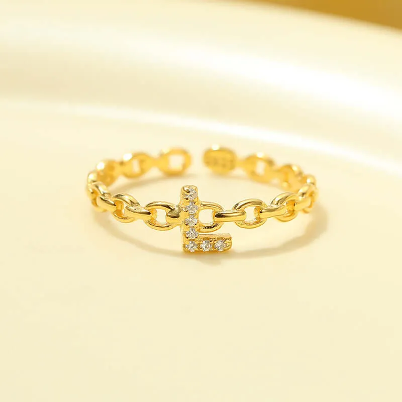 925 Silver 26 Letter Hollow Diamond Chain Ring