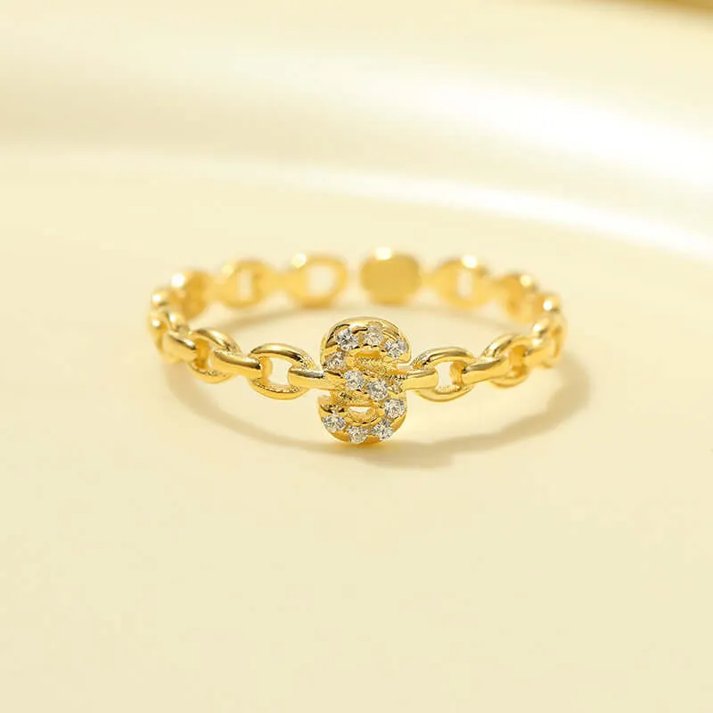 925 Silver 26 Letter Hollow Diamond Chain Ring