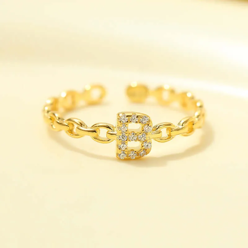 925 Silver 26 Letter Hollow Diamond Chain Ring