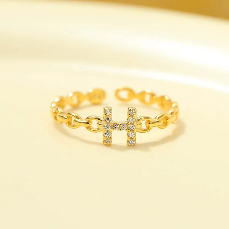 925 Silver 26 Letter Hollow Diamond Chain Ring