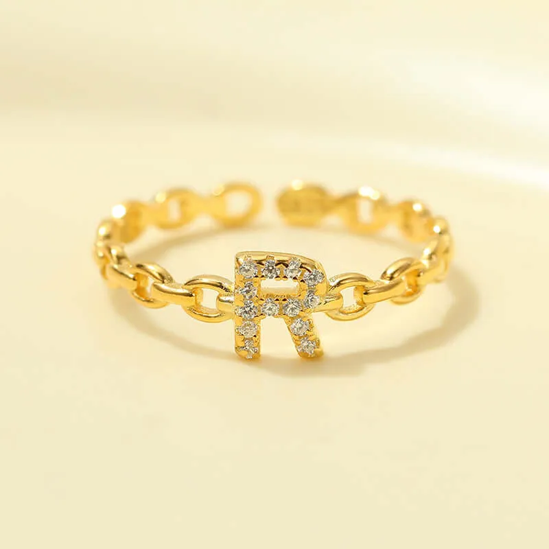 925 Silver 26 Letter Hollow Diamond Chain Ring