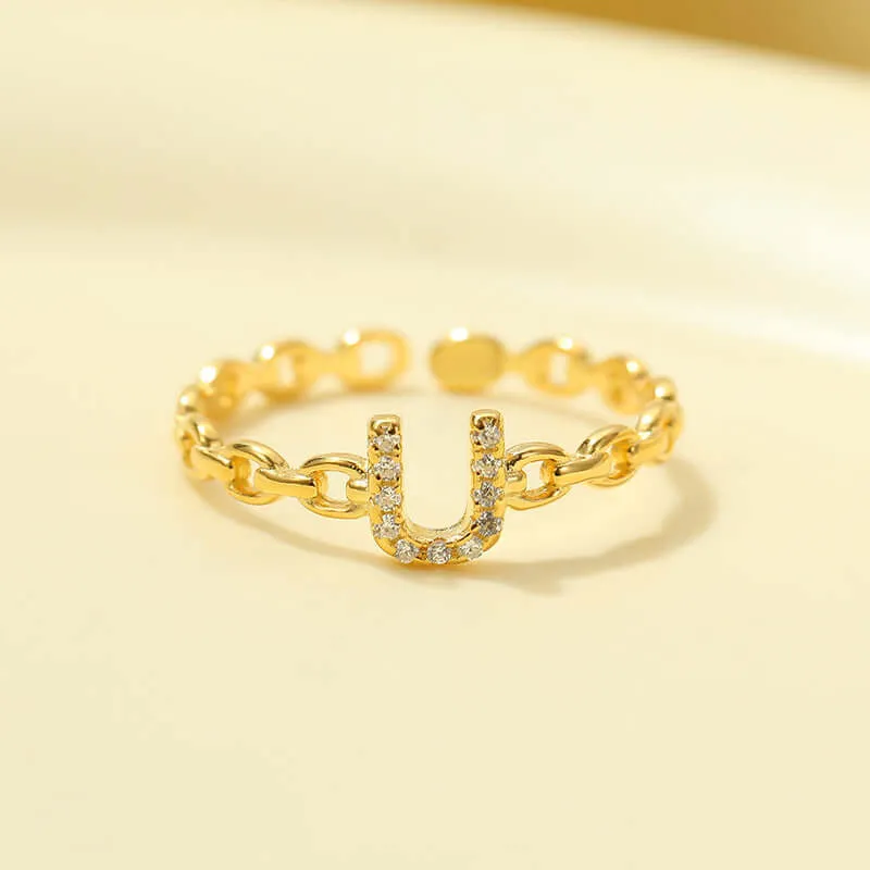 925 Silver 26 Letter Hollow Diamond Chain Ring