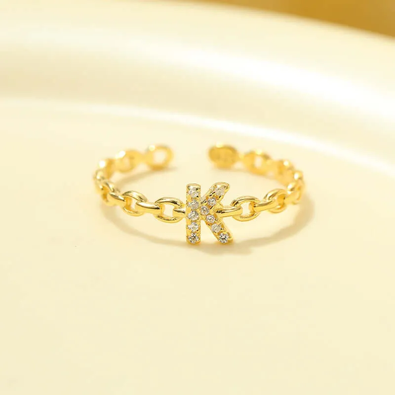 925 Silver 26 Letter Hollow Diamond Chain Ring