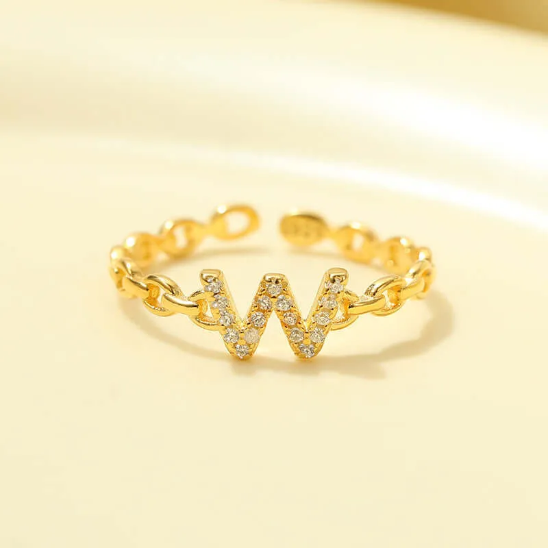 925 Silver 26 Letter Hollow Diamond Chain Ring