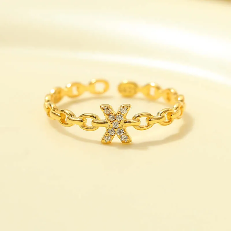 925 Silver 26 Letter Hollow Diamond Chain Ring