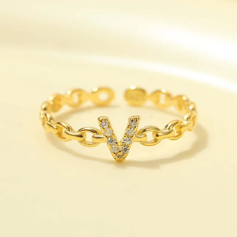 925 Silver 26 Letter Hollow Diamond Chain Ring