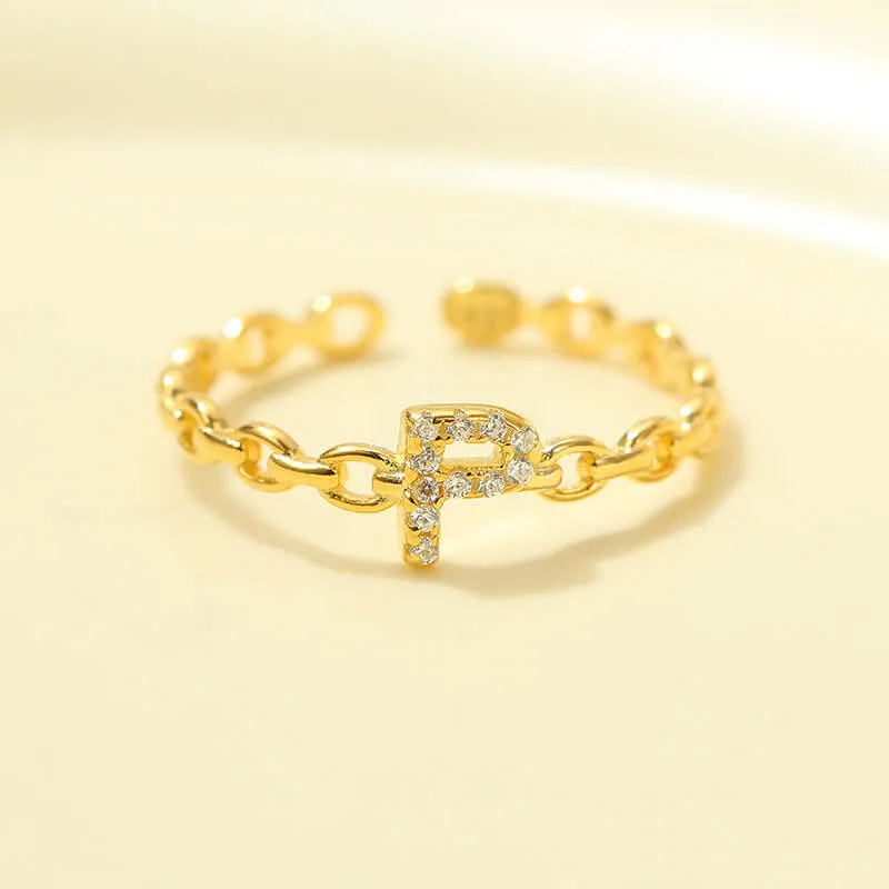925 Silver 26 Letter Hollow Diamond Chain Ring
