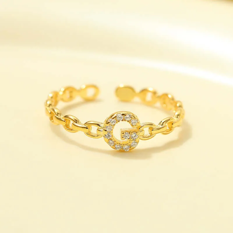925 Silver 26 Letter Hollow Diamond Chain Ring