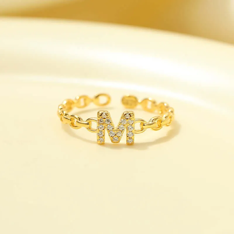 925 Silver 26 Letter Hollow Diamond Chain Ring