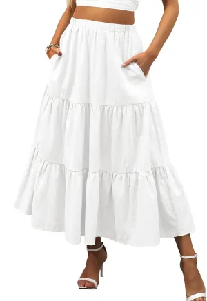 ANRABESS Womens Summer Boho Flowy Swing Tiered A-Line Maxi Skirt 2025 Fashion Trendy Elastic Waist Pleated Long Beach Dress
