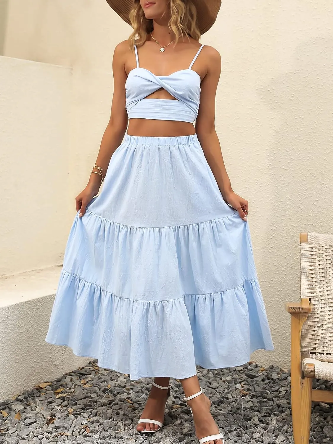 ANRABESS Womens Summer Boho Flowy Swing Tiered A-Line Maxi Skirt 2025 Fashion Trendy Elastic Waist Pleated Long Beach Dress