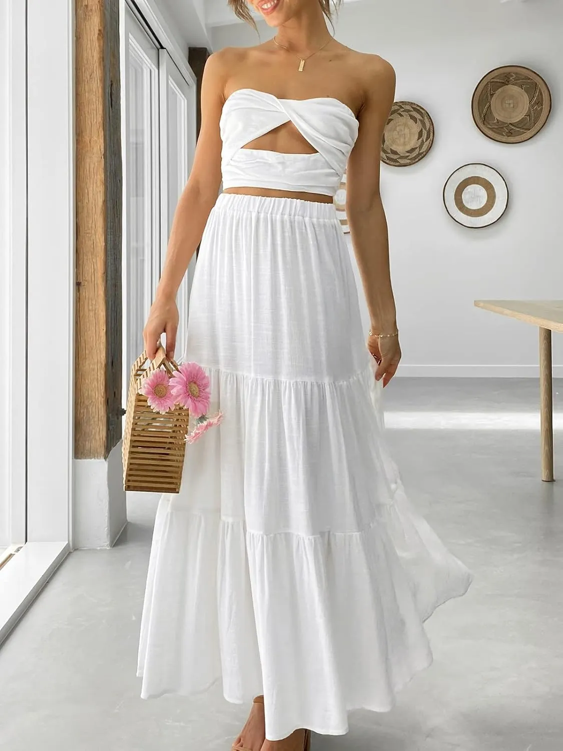 ANRABESS Womens Summer Boho Flowy Swing Tiered A-Line Maxi Skirt 2025 Fashion Trendy Elastic Waist Pleated Long Beach Dress