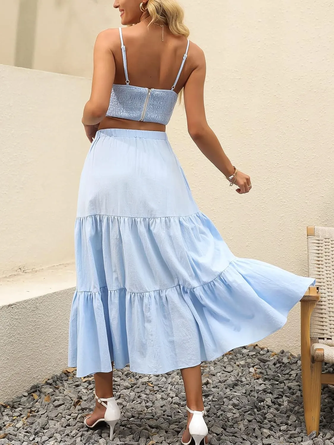 ANRABESS Womens Summer Boho Flowy Swing Tiered A-Line Maxi Skirt 2025 Fashion Trendy Elastic Waist Pleated Long Beach Dress