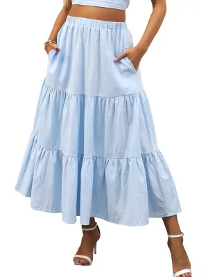 ANRABESS Womens Summer Boho Flowy Swing Tiered A-Line Maxi Skirt 2025 Fashion Trendy Elastic Waist Pleated Long Beach Dress