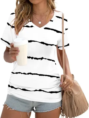 Anydoll Womens Ruched Tops 2025 Spring Summer Tunics Short Sleeve V Neck T Shirts Casual Dressy Tee with Side Shirring 