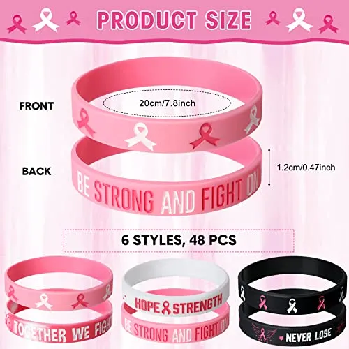 Aoriher Breast Cancer Awareness Bracelets Pink Ribbon Breast Cancer Awareness Silicone Wristbands with Hope Faith Strength Courage Women Breast Cancer Awareness Gifts Party Favors (48 Pcs)