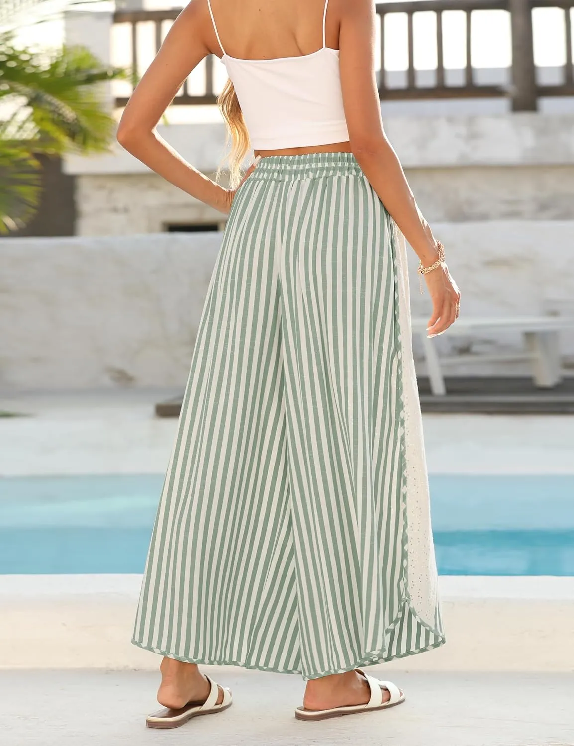 Athlisan Womens Summer Casual Loose Striped Wide Leg Lounge Pants Elastic Waist Palazzo Trousers