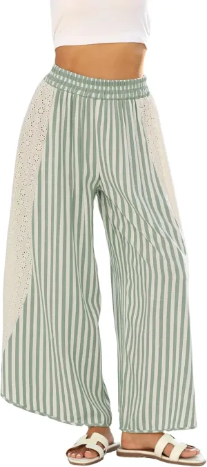 Athlisan Womens Summer Casual Loose Striped Wide Leg Lounge Pants Elastic Waist Palazzo Trousers