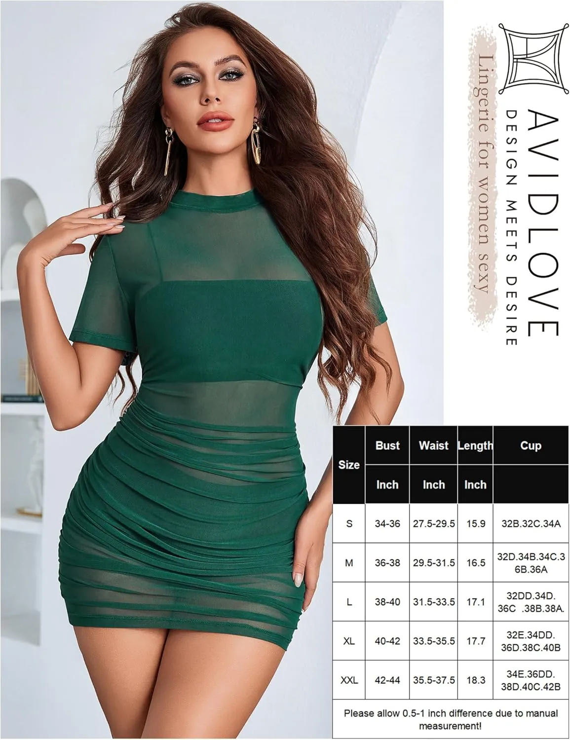 Avidlove Women's Mesh Dress Bodycon Mini Lingerie Dress Sexy Short Sleeve Mock Neck Ruched Party Clubwear Outfits S-XXL