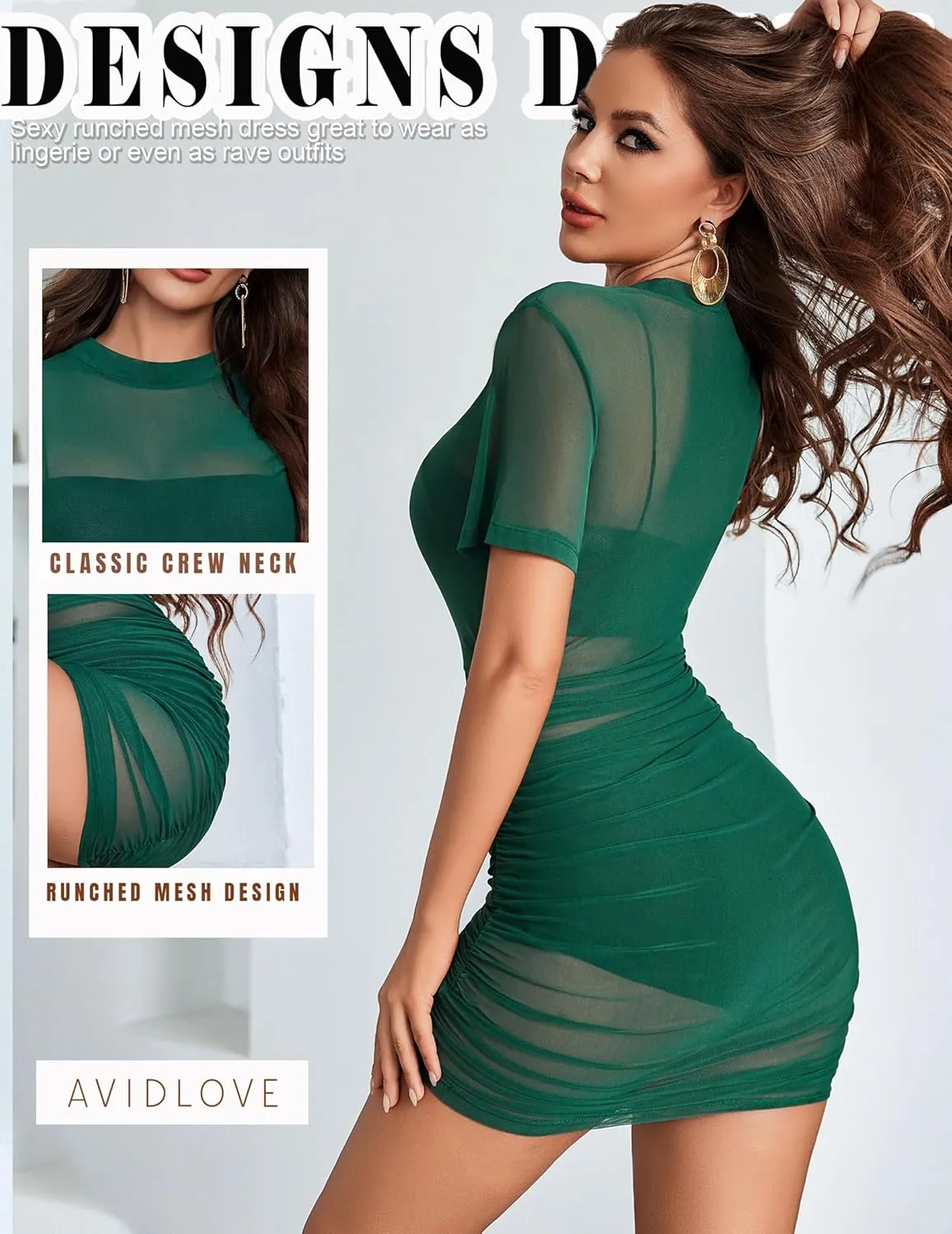 Avidlove Women's Mesh Dress Bodycon Mini Lingerie Dress Sexy Short Sleeve Mock Neck Ruched Party Clubwear Outfits S-XXL