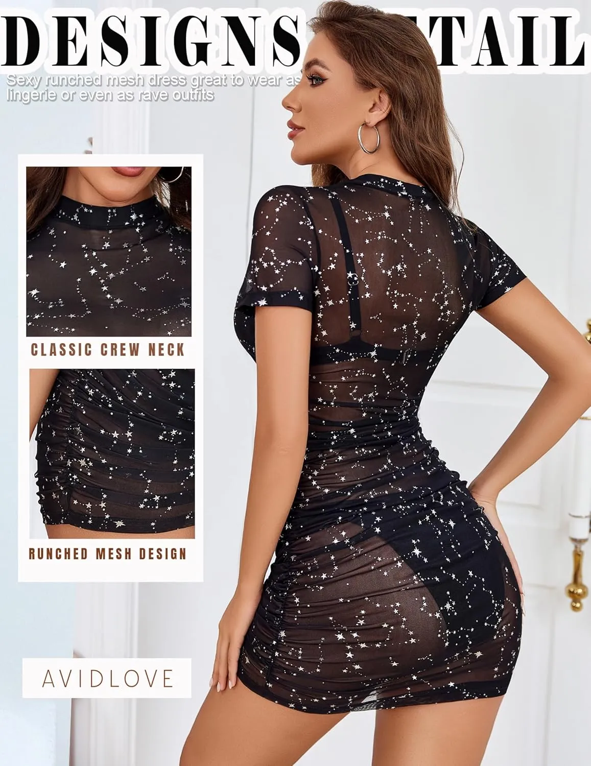 Avidlove Women's Mesh Dress Bodycon Mini Lingerie Dress Sexy Short Sleeve Mock Neck Ruched Party Clubwear Outfits S-XXL