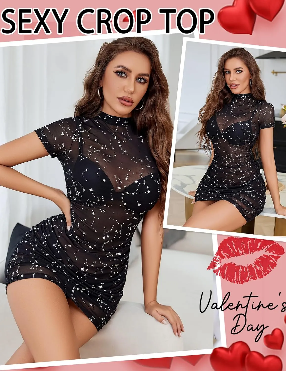Avidlove Women's Mesh Dress Bodycon Mini Lingerie Dress Sexy Short Sleeve Mock Neck Ruched Party Clubwear Outfits S-XXL