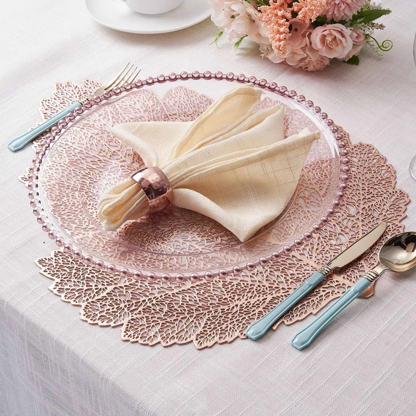 Blush Rose Gold Metallic Fall Leaf Placemats - 18 Inch Non-Slip Vinyl Dining Table Charger Home Decor (Set of 6)