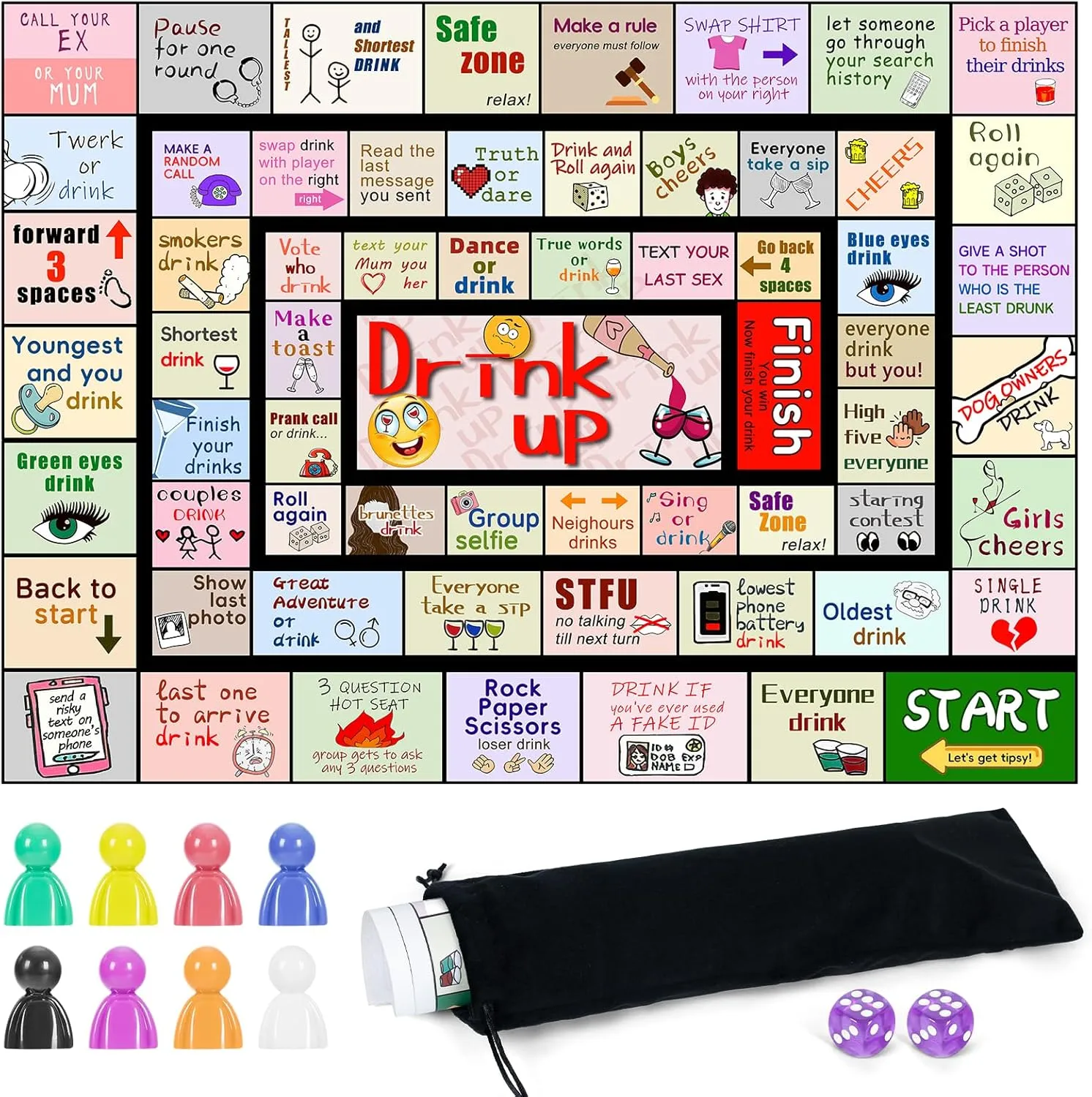 Drinking Board Games for Adults, Waterproof Game Mat Drinking Night Out Funny Interactive Activity Drunk Gifts Girls Bachelorette Birthday Activity Couples Play or Any Occasion 2-7 Players