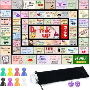 Drinking Board Games for Adults, Waterproof Game Mat Drinking Night Out Funny Interactive Activity Drunk Gifts Girls Bachelorette Birthday Activity Couples Play or Any Occasion 2-7 Players