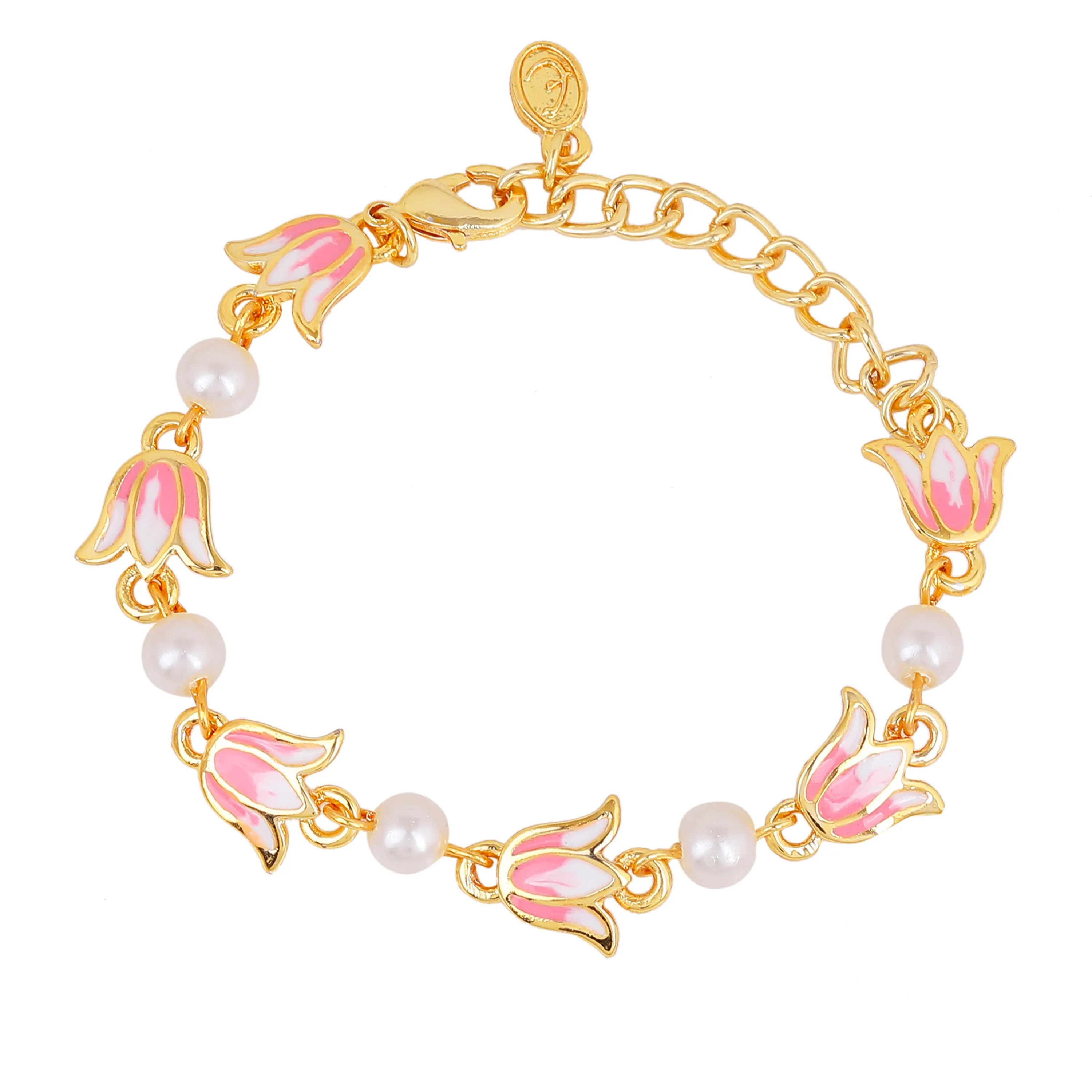Estele Gold Plated Elegant Lotus Designer Adjustable Link Bracelet with Pearls & Pink Enamel for Girl's & Women