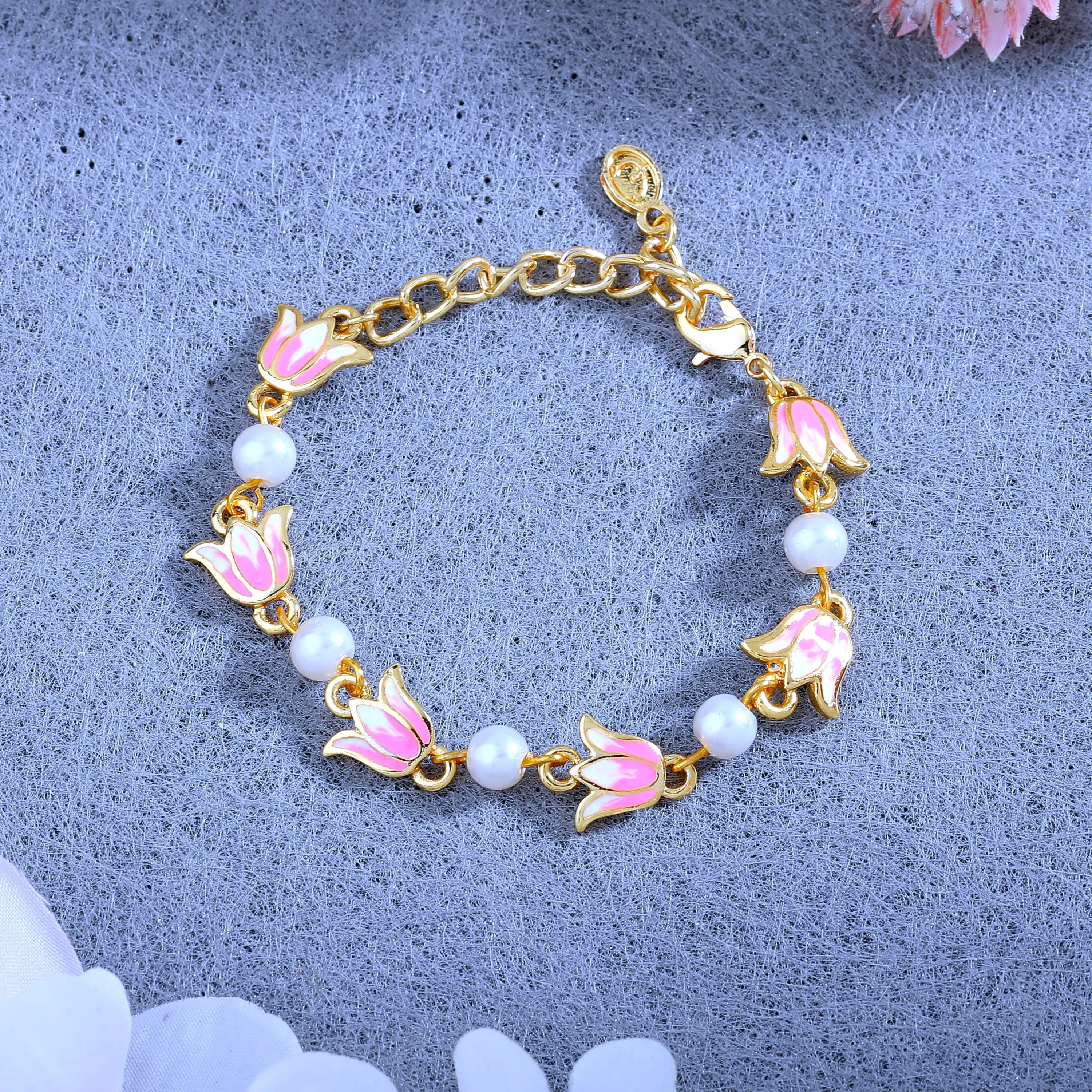 Estele Gold Plated Elegant Lotus Designer Adjustable Link Bracelet with Pearls & Pink Enamel for Girl's & Women
