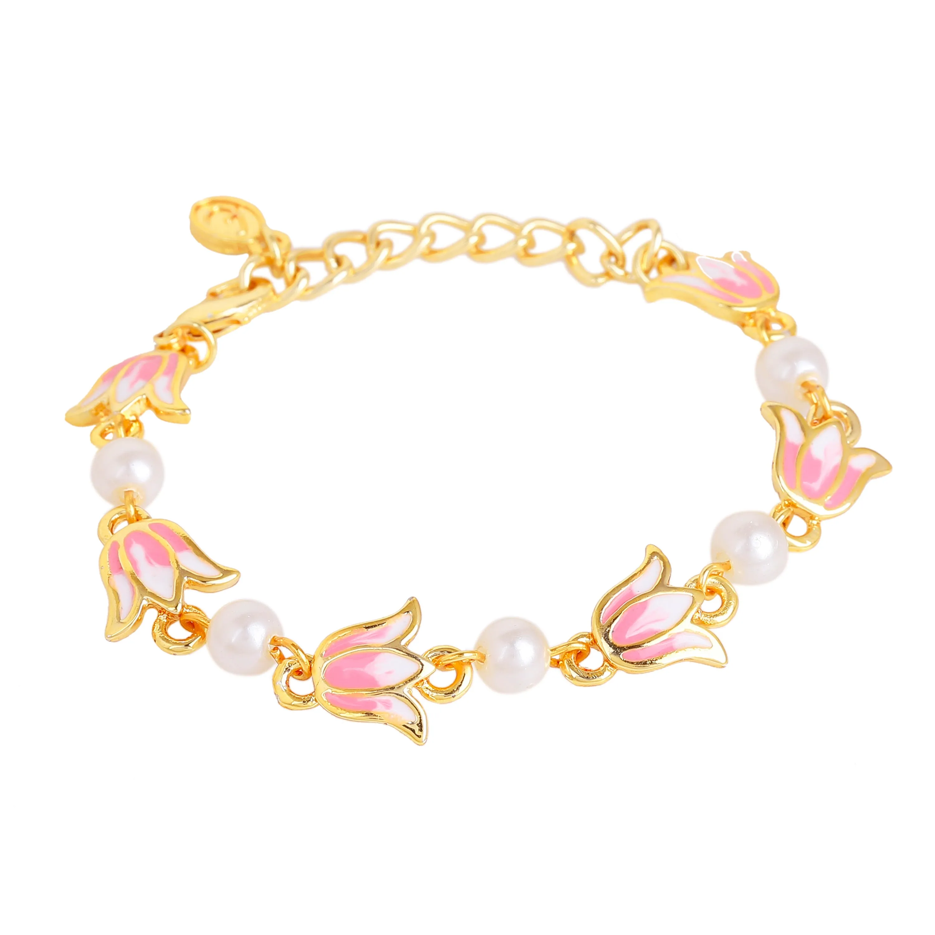 Estele Gold Plated Elegant Lotus Designer Adjustable Link Bracelet with Pearls & Pink Enamel for Girl's & Women
