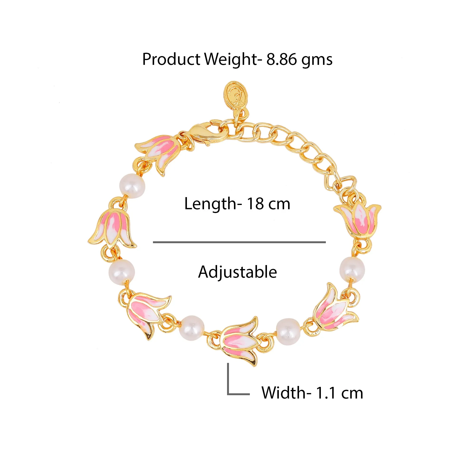 Estele Gold Plated Elegant Lotus Designer Adjustable Link Bracelet with Pearls & Pink Enamel for Girl's & Women
