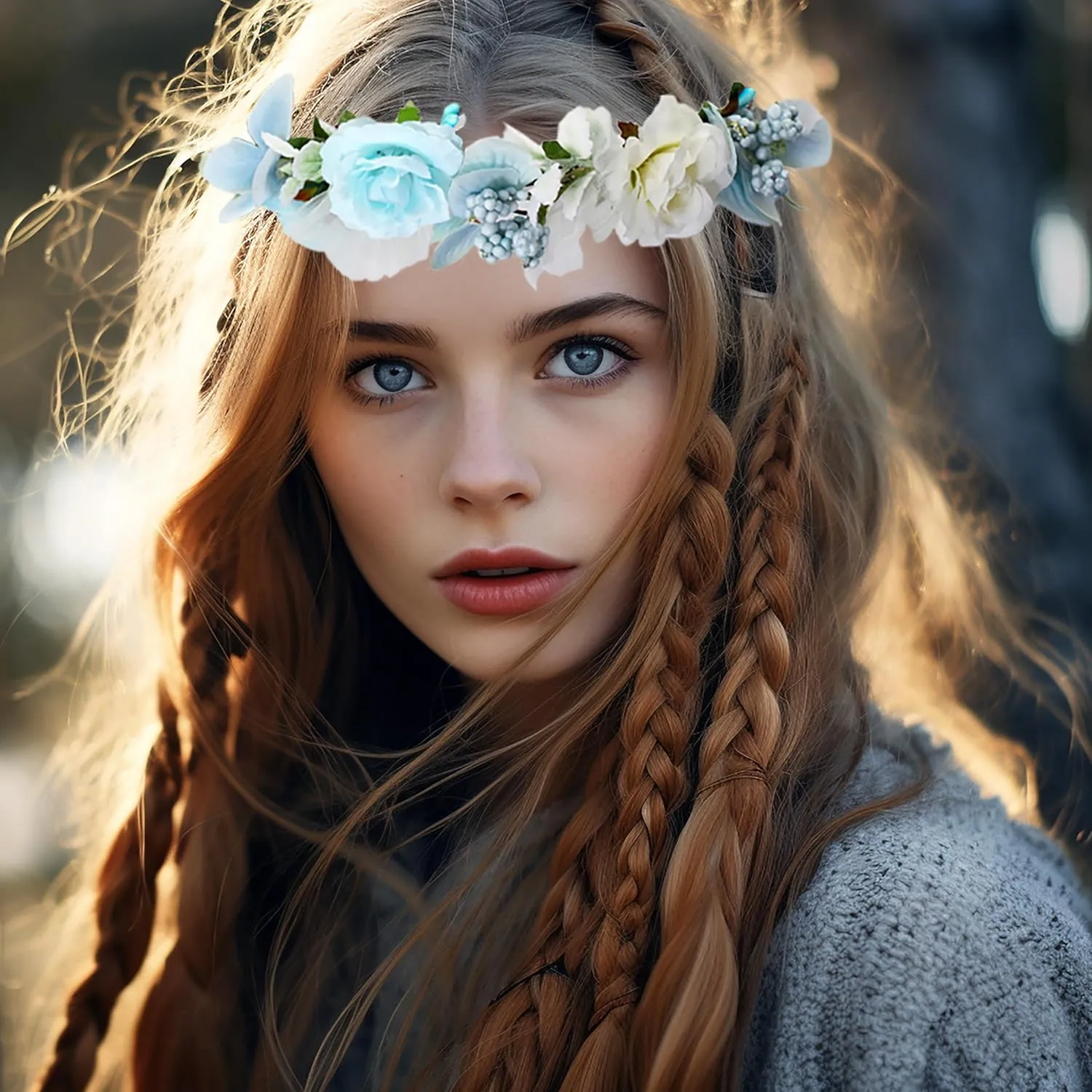 Fairy Floral Crown Flower Headband Forest Headpiece Woodland Even Circlet for Women Girls Bridal Wedding Prom Halloween Renaissance Cosplay Photo Blue