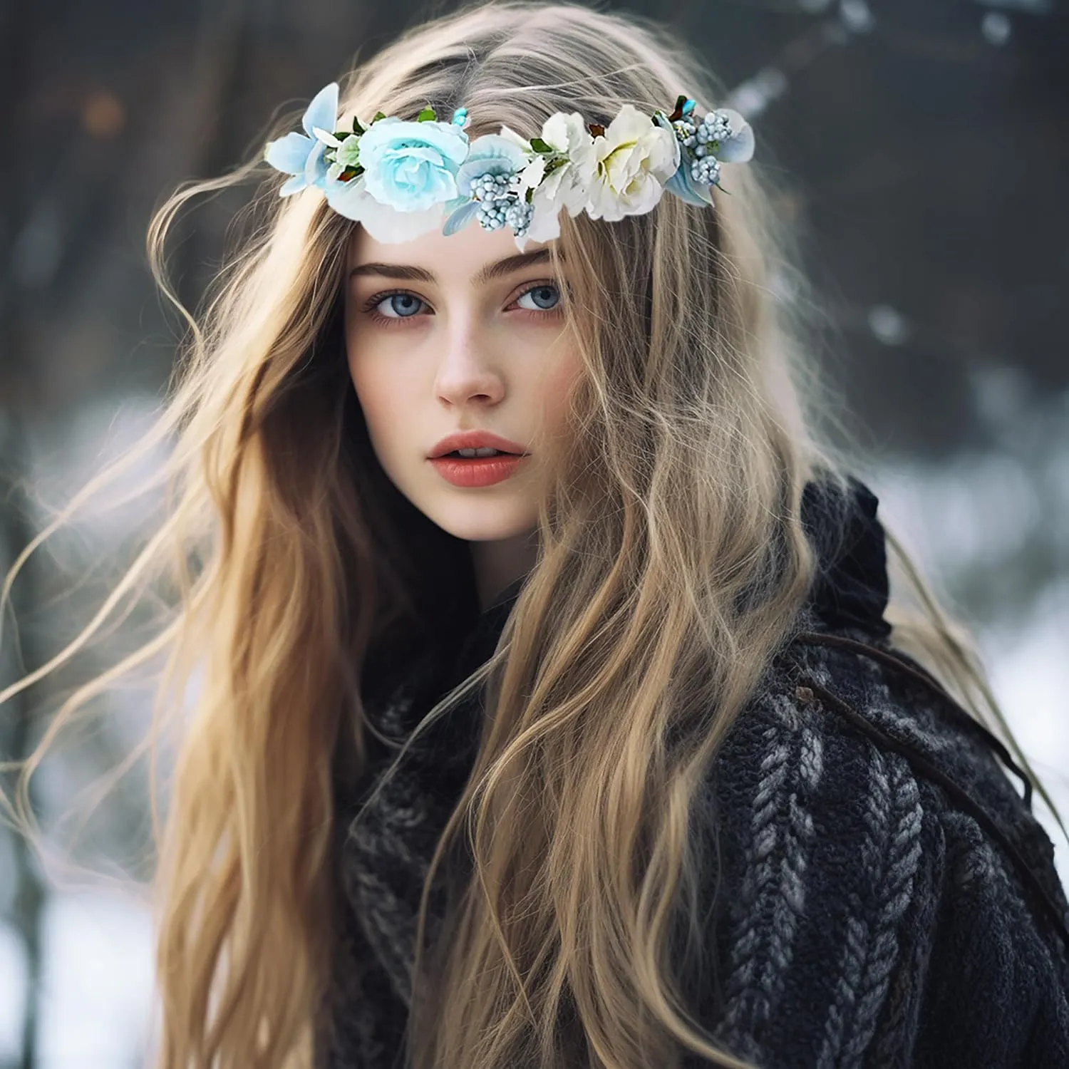 Fairy Floral Crown Flower Headband Forest Headpiece Woodland Even Circlet for Women Girls Bridal Wedding Prom Halloween Renaissance Cosplay Photo Blue