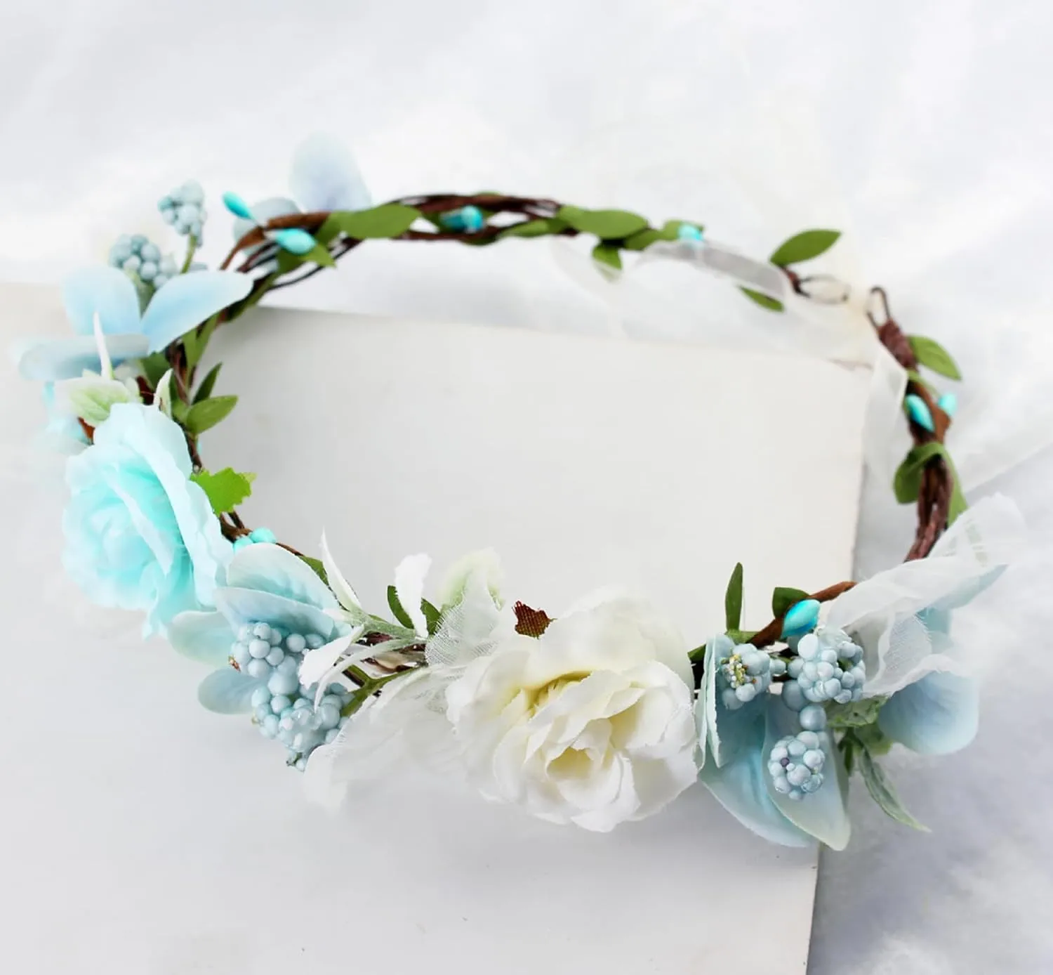 Fairy Floral Crown Flower Headband Forest Headpiece Woodland Even Circlet for Women Girls Bridal Wedding Prom Halloween Renaissance Cosplay Photo Blue