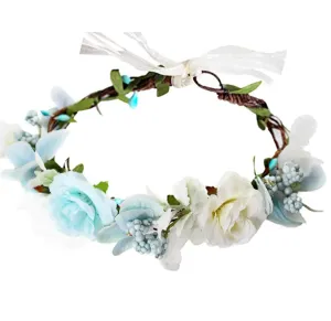Fairy Floral Crown Flower Headband Forest Headpiece Woodland Even Circlet for Women Girls Bridal Wedding Prom Halloween Renaissance Cosplay Photo Blue