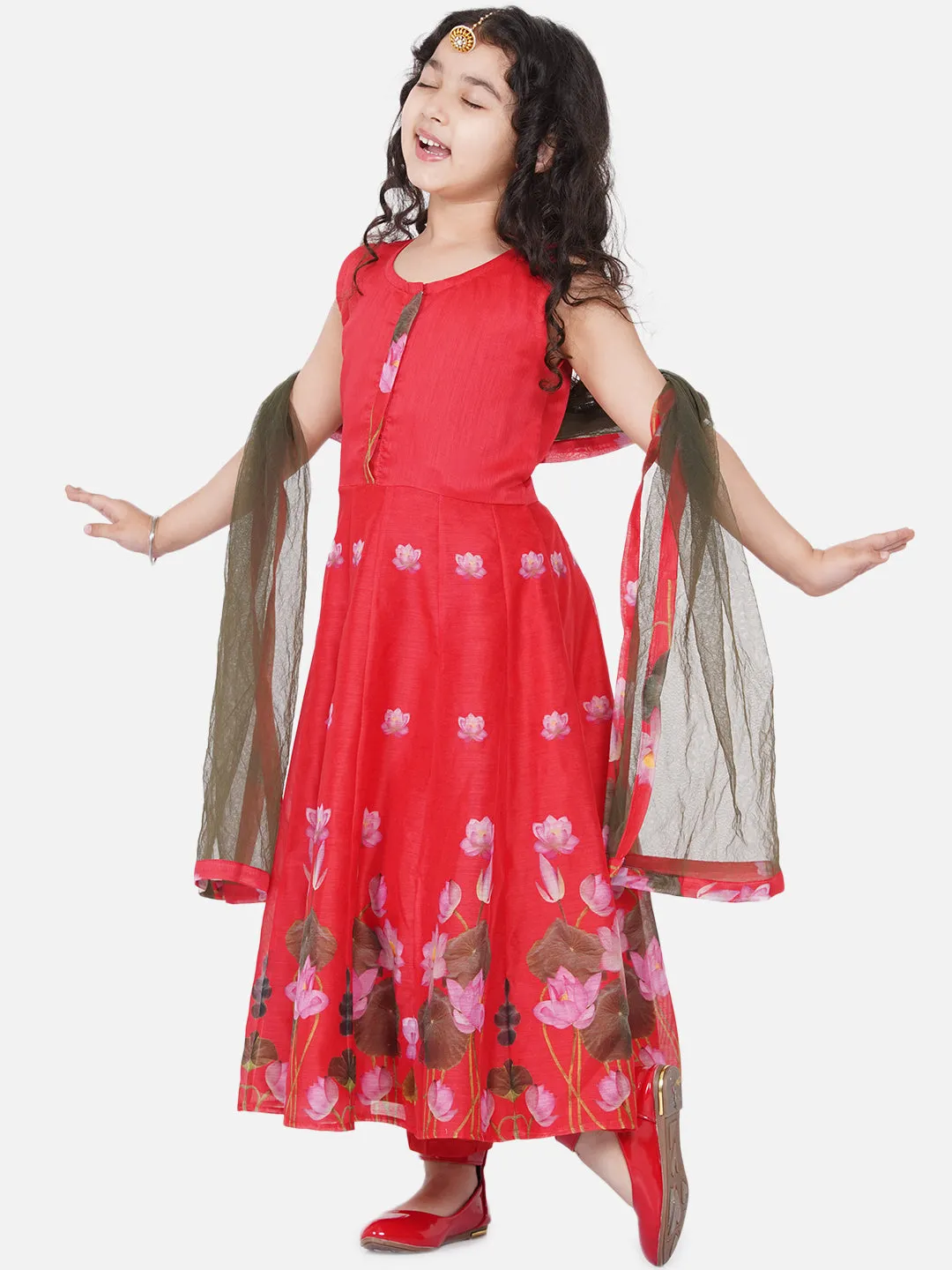 Girl's Red-Printed Kurta And Trouser With Dupatta - Bitiya By Bhama