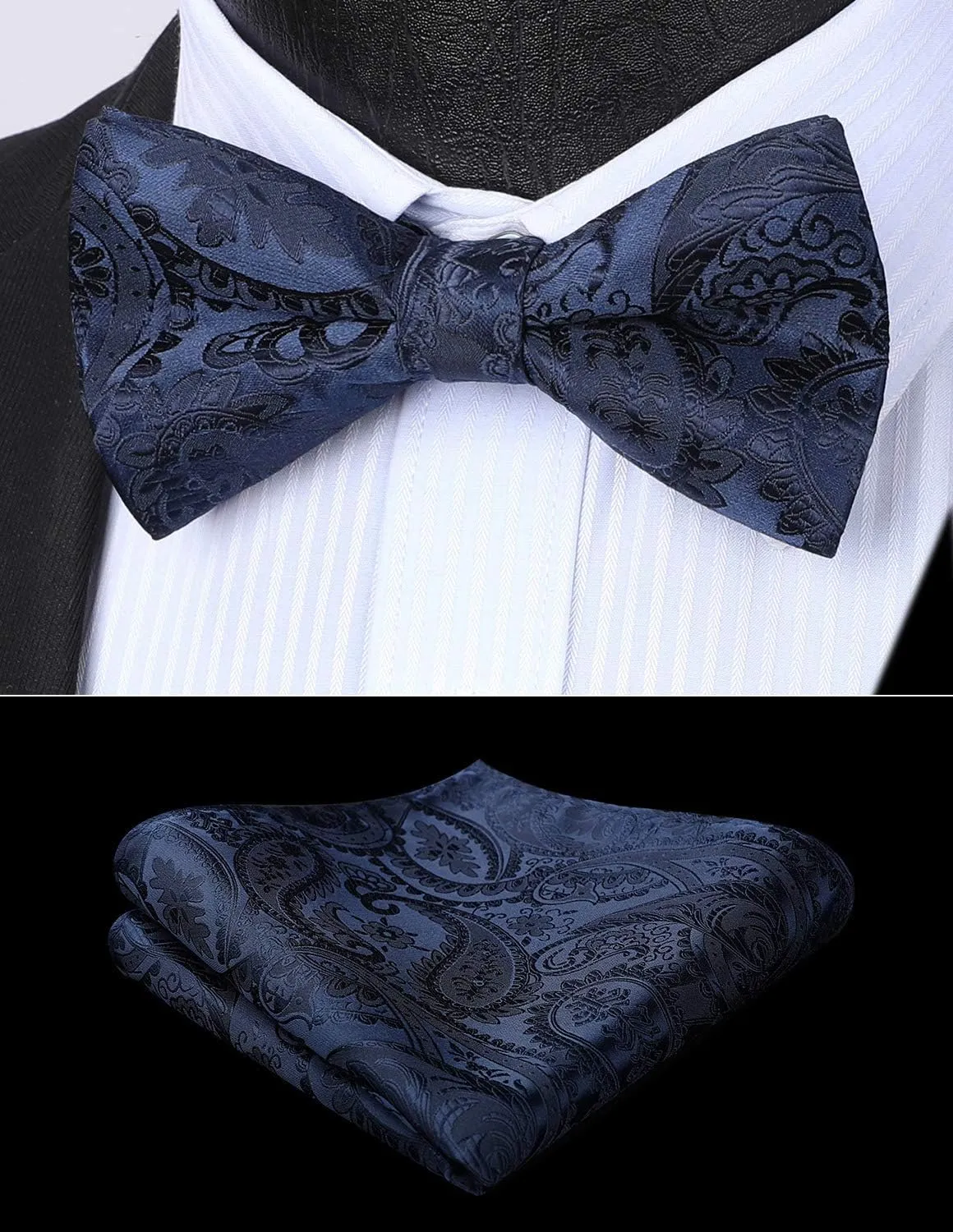 HISDERN Bow Ties for Men Paisley Floral Pre-tied Bowtie Pocket Square Set Men's Formal Bow Ties Wedding Party
