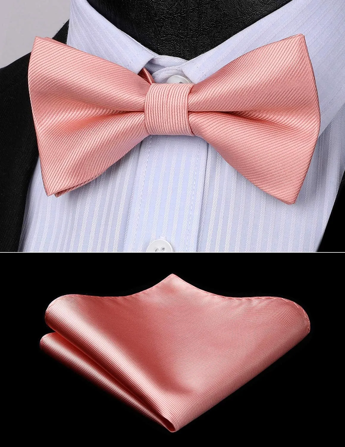 HISDERN Mens Bow Ties Solid Color Pre Tied Bowtie and Pocket Square Set Classic Formal Tuxedo Bowties for Wedding Party